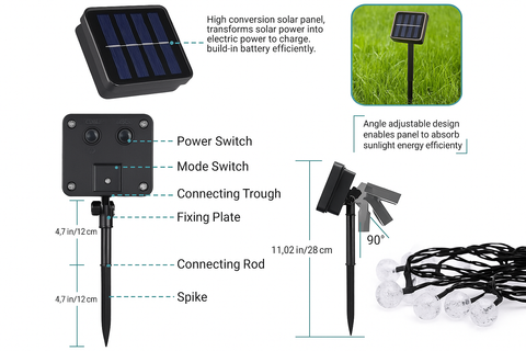 Solar panel system with labeled parts and dimensions on a white background