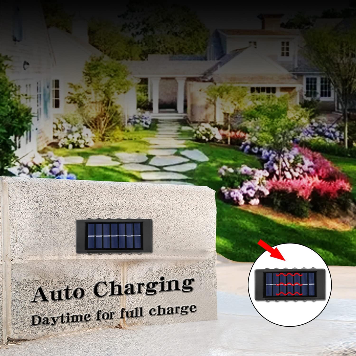 Solar panel with 'Auto Charging' text in front of a house with a garden.