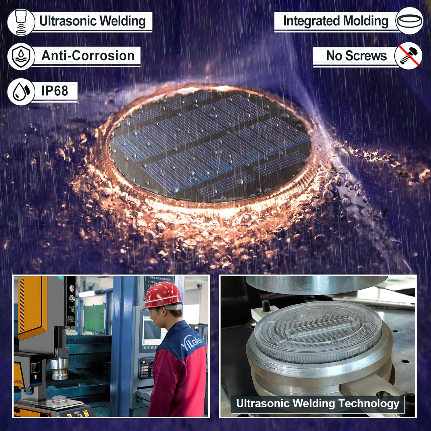 Solar panel with raindrop effects, ultrasonic welding technology illustration, and manufacturing process images.