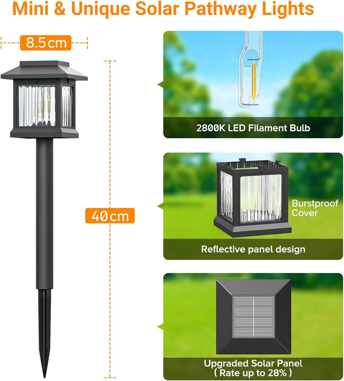 Solar pathway light with features highlighted on a white background