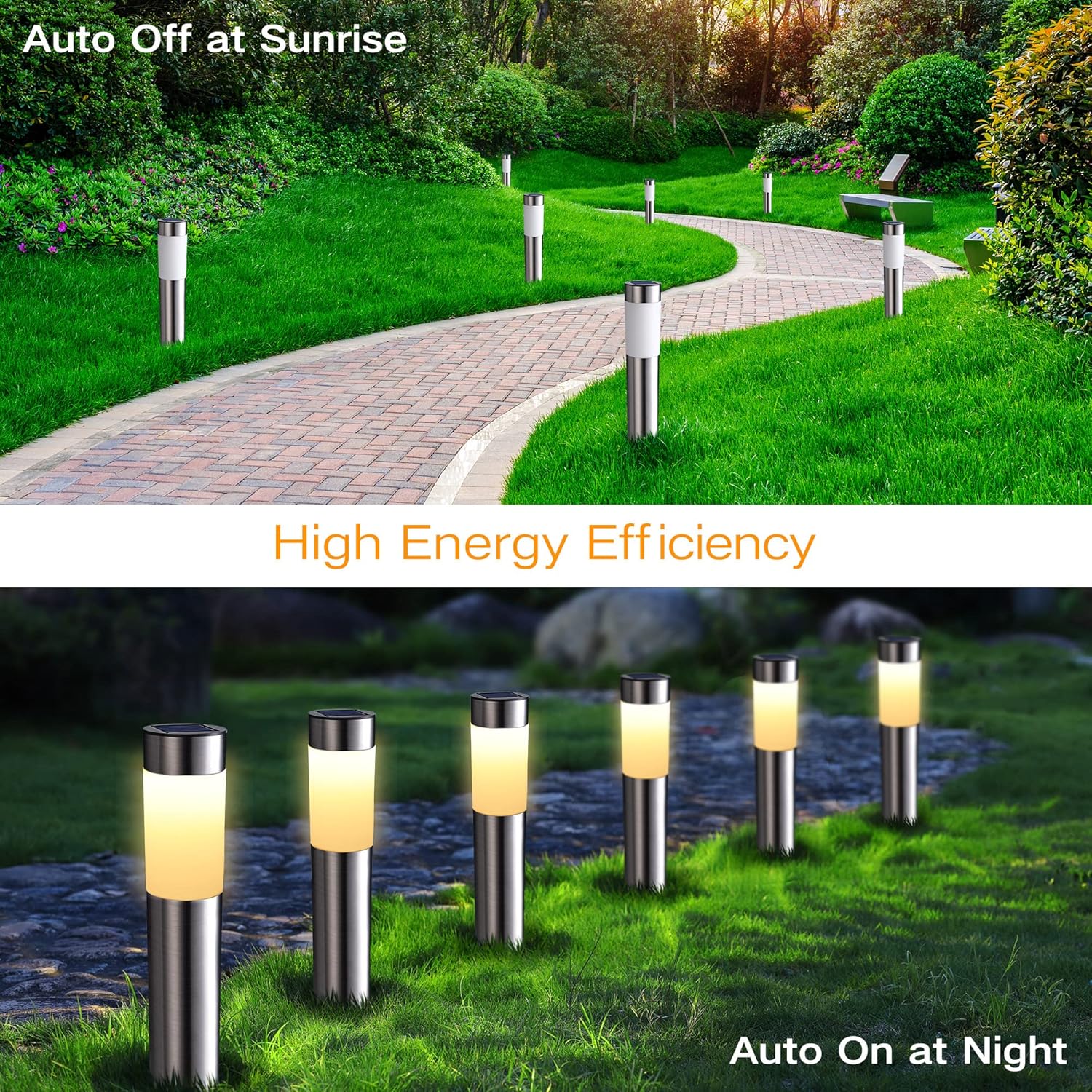 Solar pathway lights in a garden with text highlighting auto-off at sunrise and auto-on at night features.