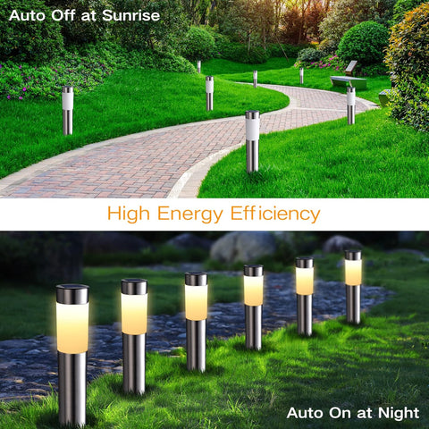 Solar pathway lights in a garden with text highlighting auto-off at sunrise and auto-on at night features.
