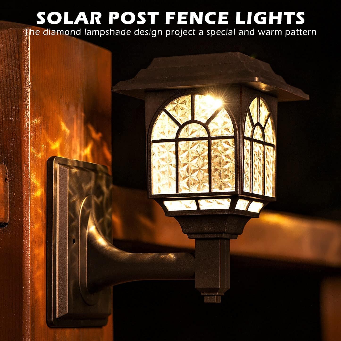 Solar post fence light with diamond lampshade design on a wooden post.