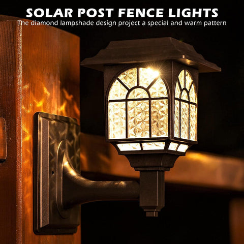 Solar post fence light with diamond lampshade design on a wooden post.