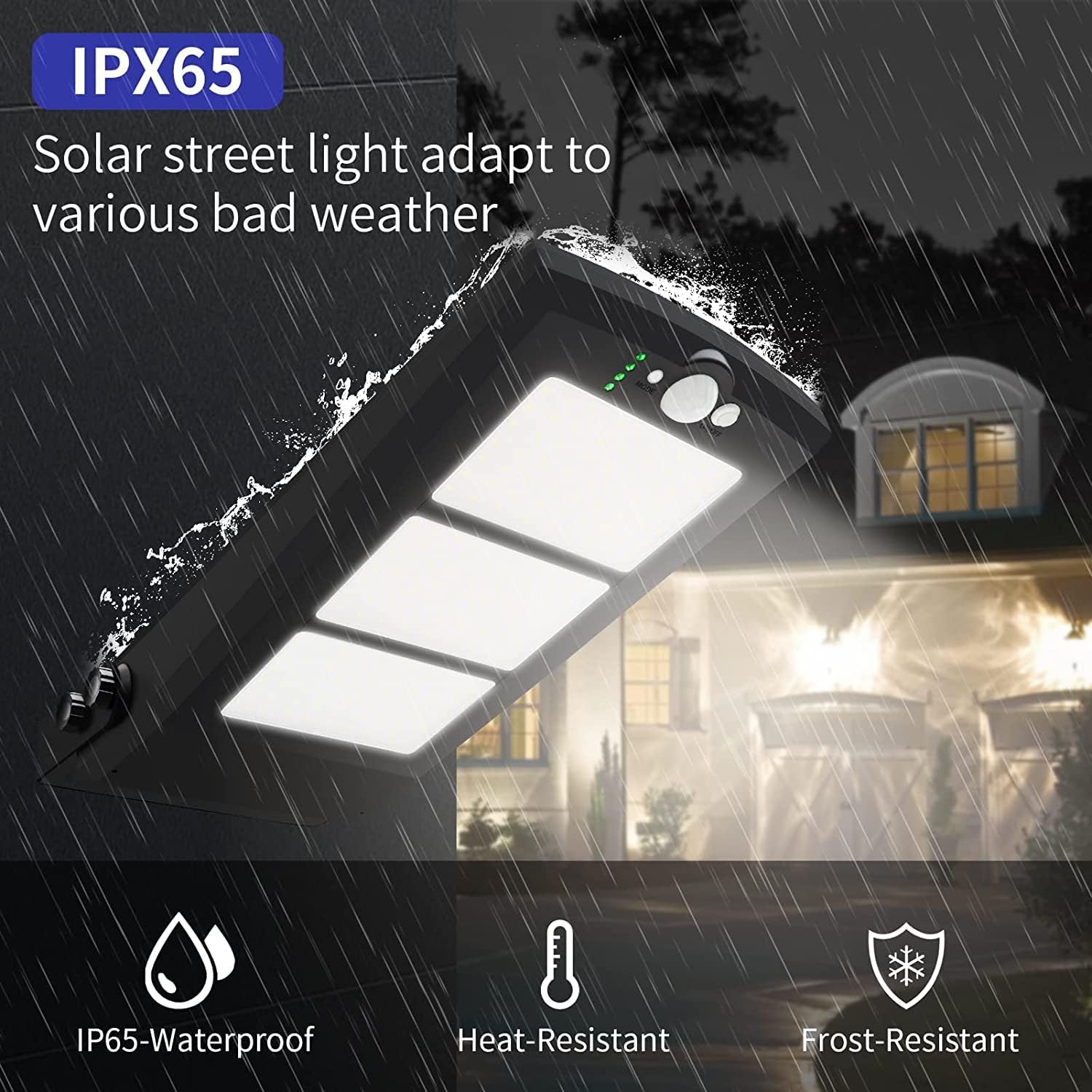 Solar street light adapting to various bad weather conditions with a house in the background.