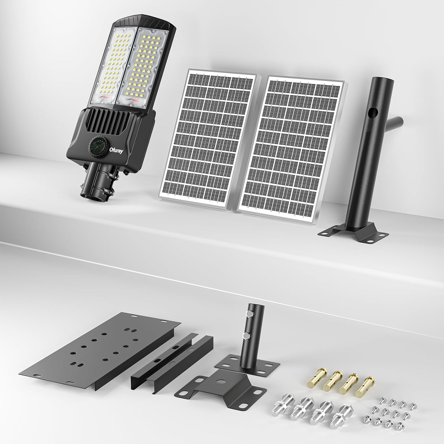Solar street light kit with components on a white background