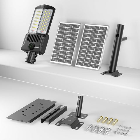 Solar street light kit with components on a white background