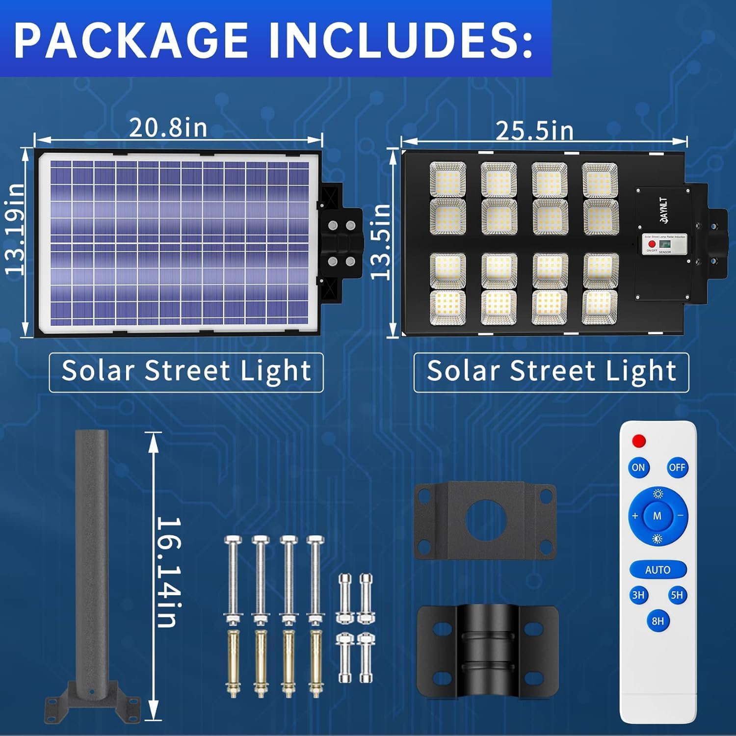 Solar street light package with solar panel, lights, stand, screws, and remote control on a blue background.