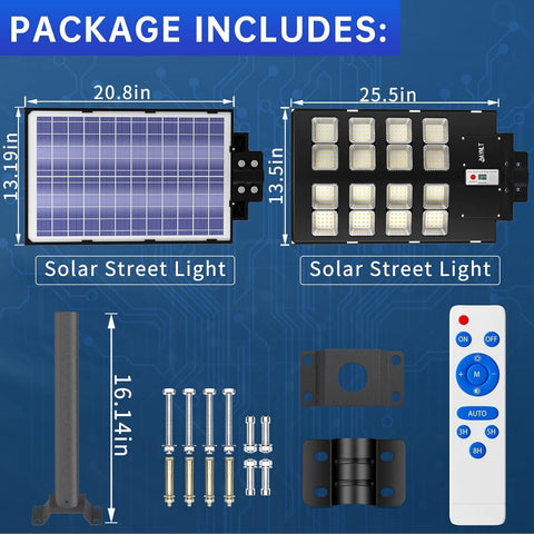 Solar street light package with solar panel, lights, stand, screws, and remote control on a blue background.