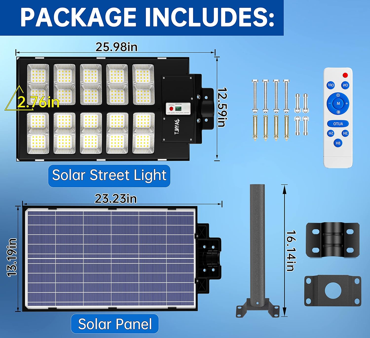 Solar street light package with solar panel, remote control, and mounting bracket on a blue background.