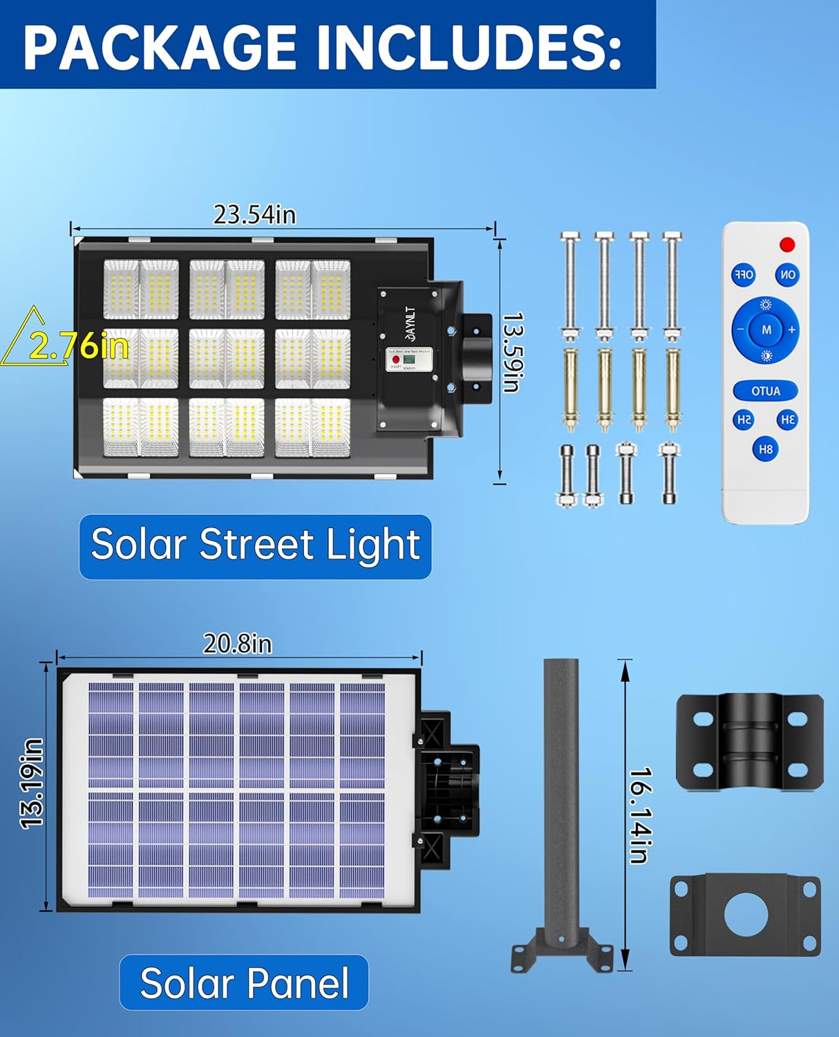 Solar street light package with solar panel, remote control, and mounting hardware on a blue background.