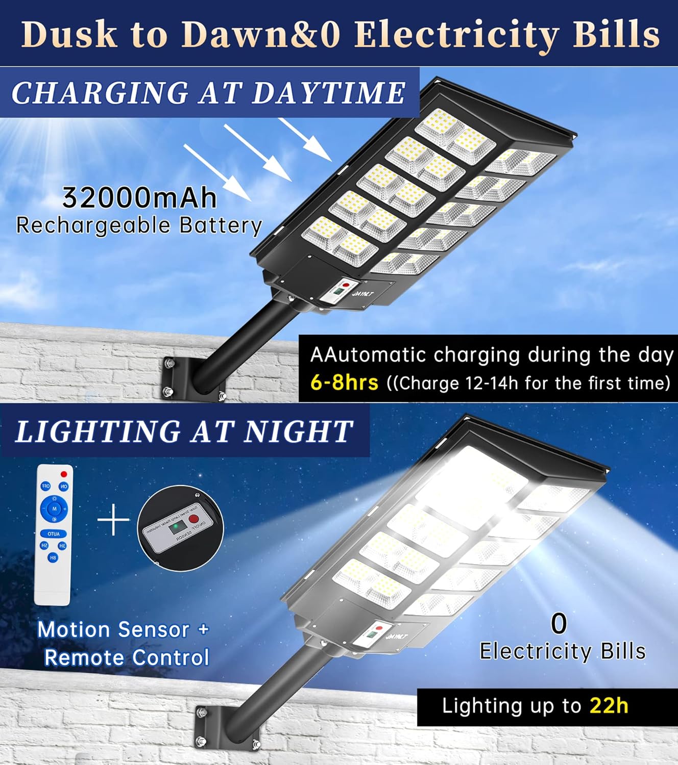Solar street light with charging and lighting features on a blue sky background