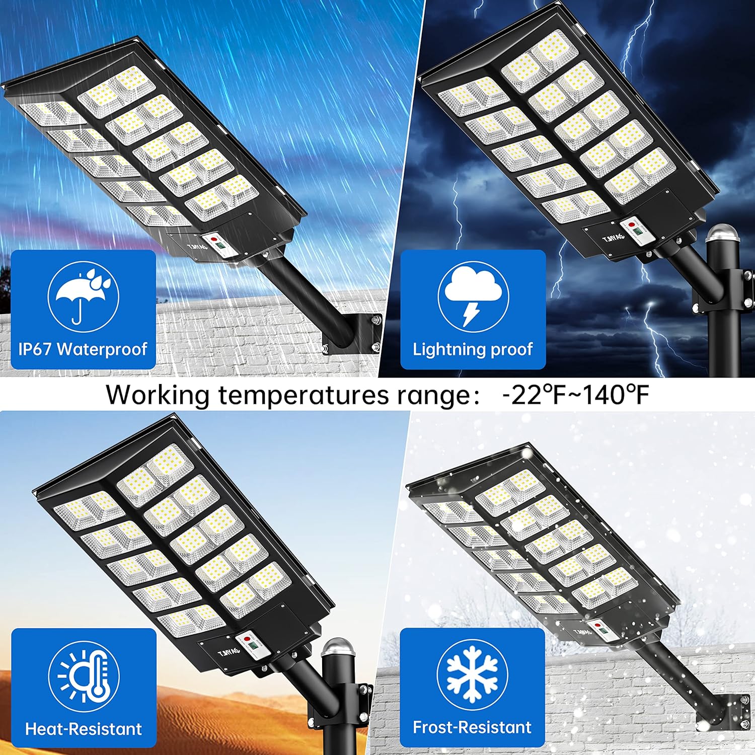 Solar street lights with weather resistance features on a blue background