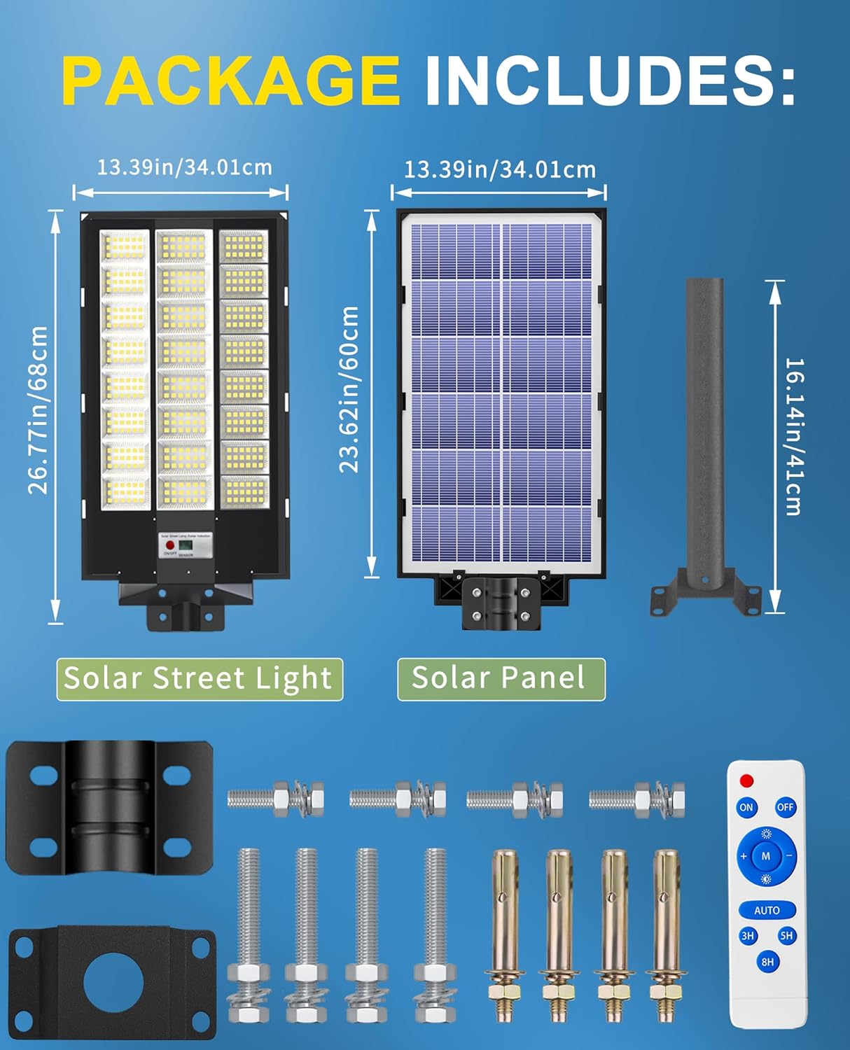 Solar street light package with solar panel, remote control, and mounting hardware on a blue background.