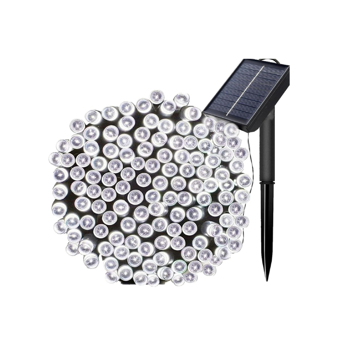 Solar string lights with a solar panel on a white background