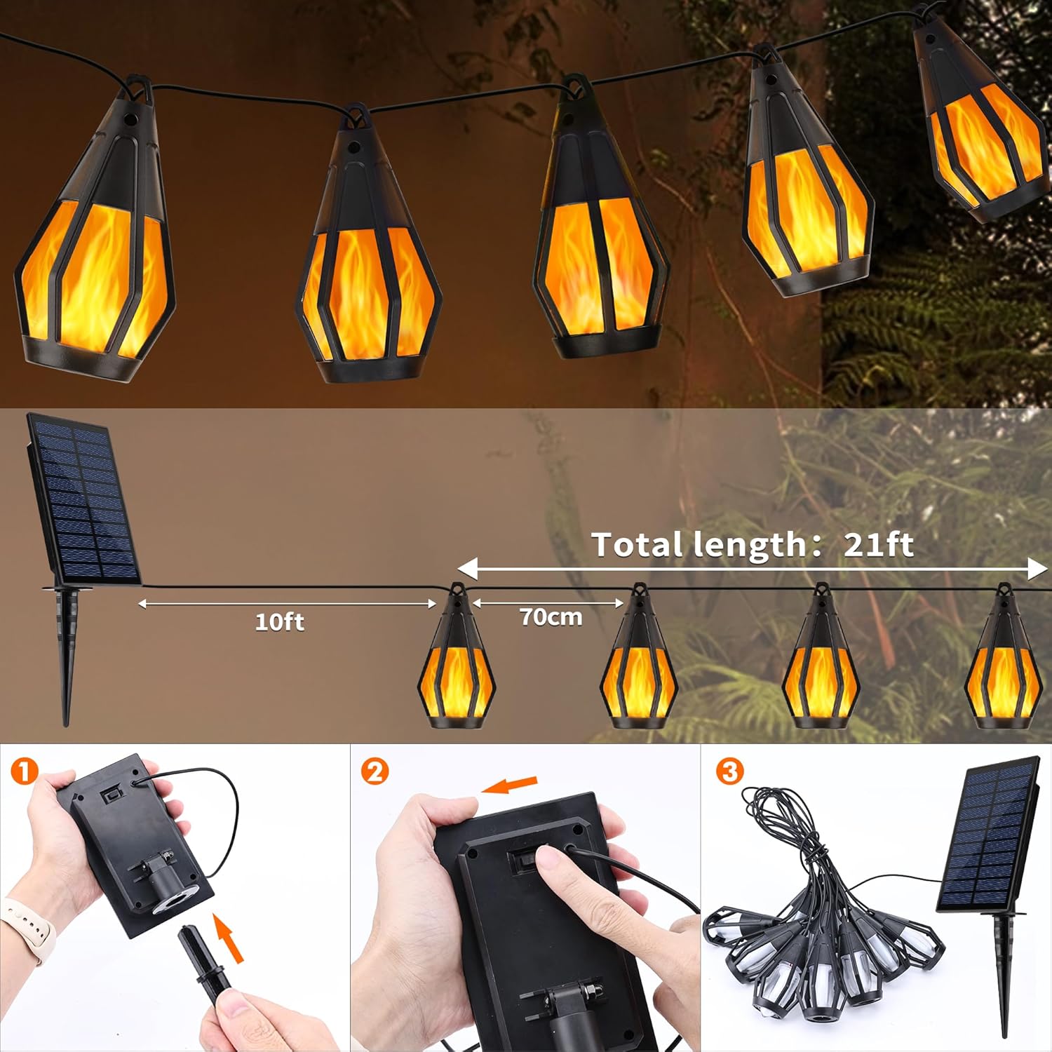 Solar string lights with a solar panel, showing length and assembly instructions.