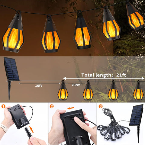 Solar string lights with a solar panel, showing length and assembly instructions.
