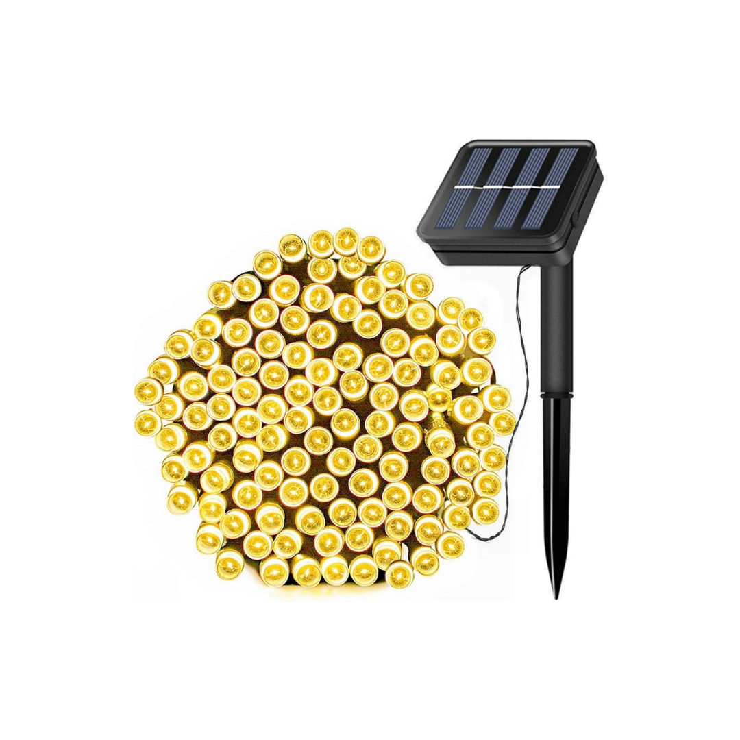 Solar string lights with solar panel and stake on a white background