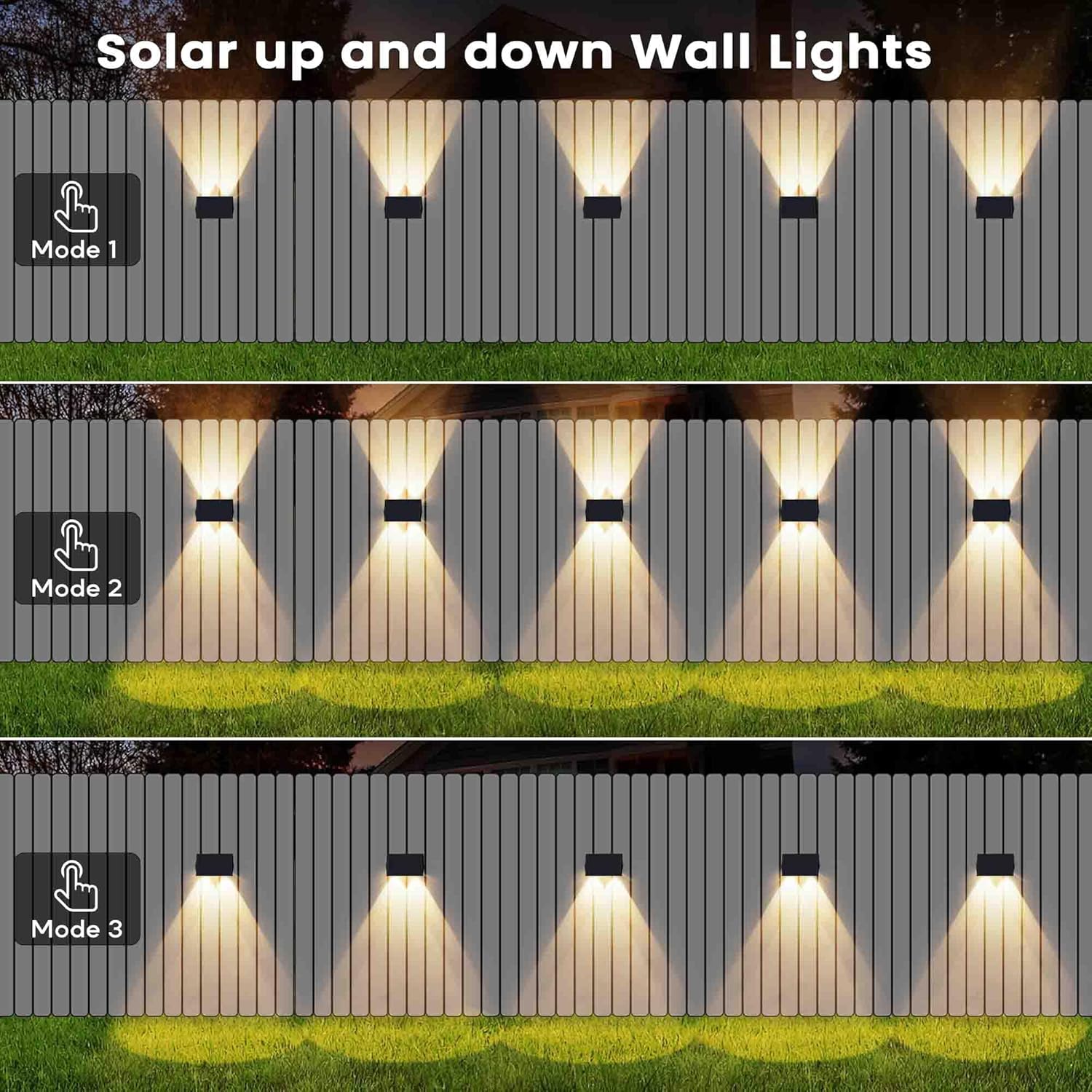Solar up and down wall lights with different modes on a wooden fence background.