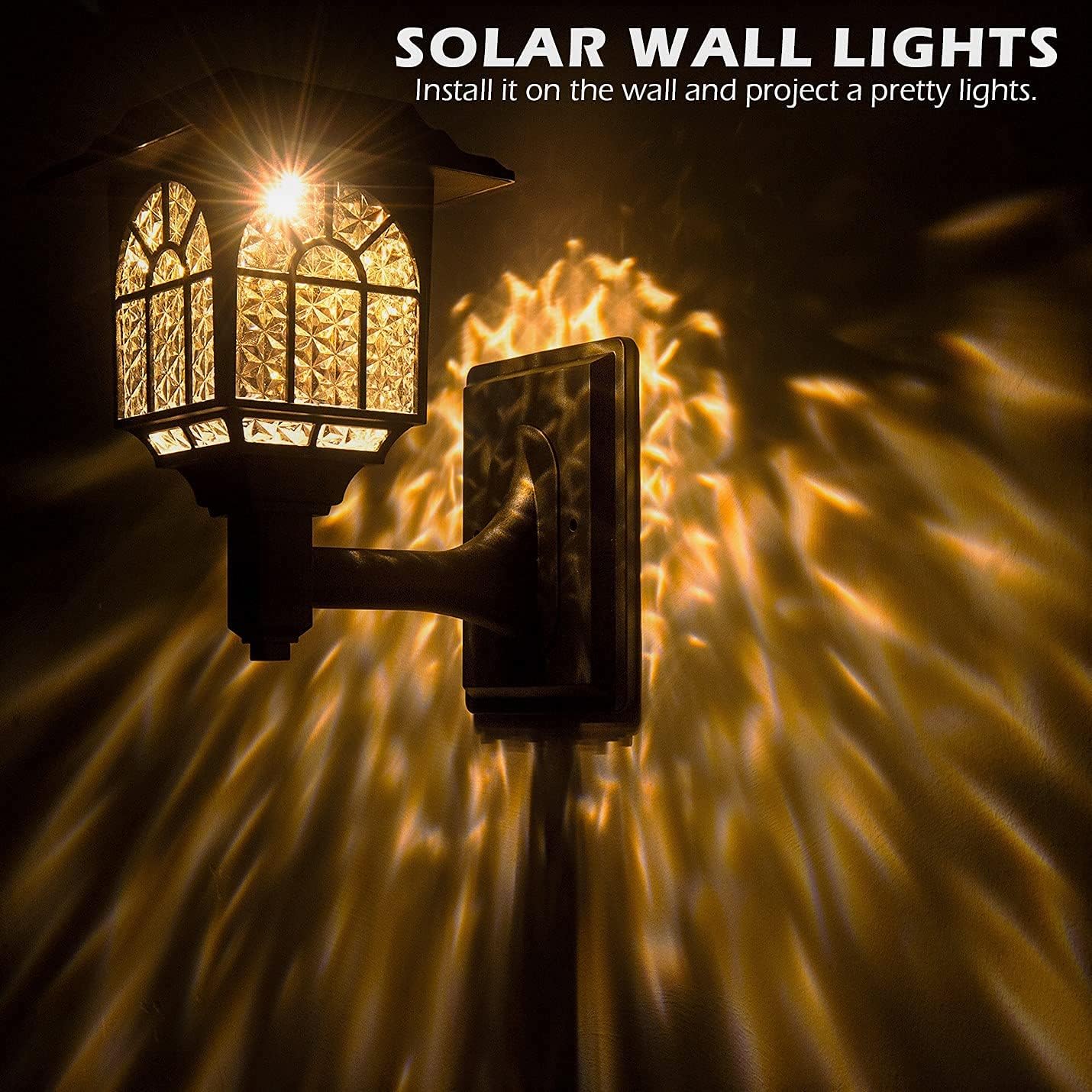 Solar wall light fixture on a wall with decorative glass cover, emitting warm glow.