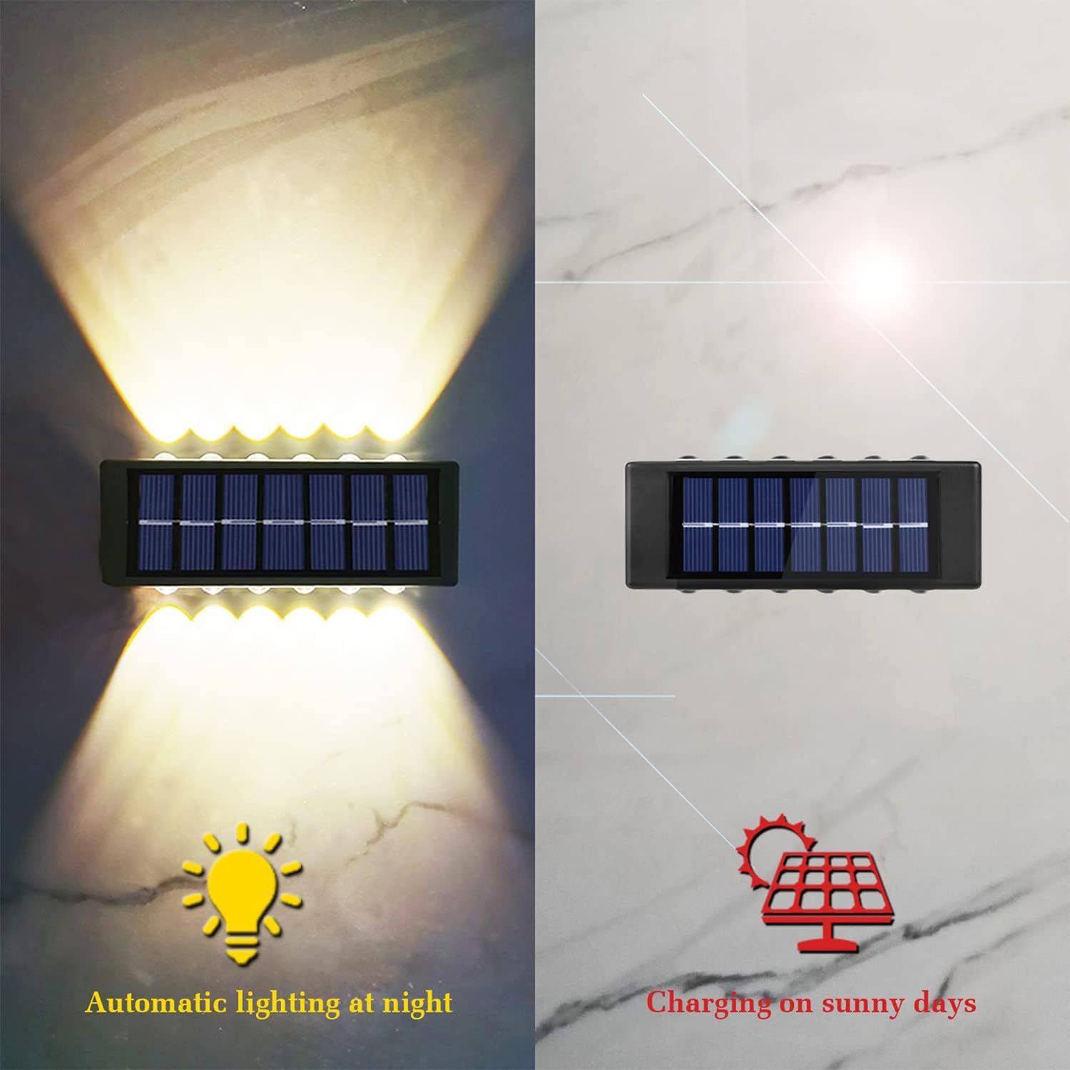 Solar wall light on a marble surface with text indicating night lighting and day charging.