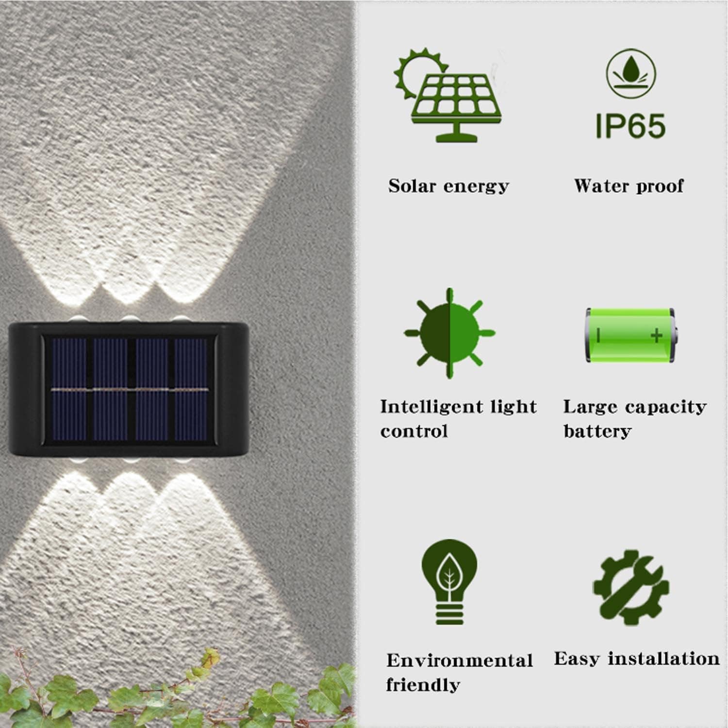 Solar wall light on a wall with features listed on the right.
