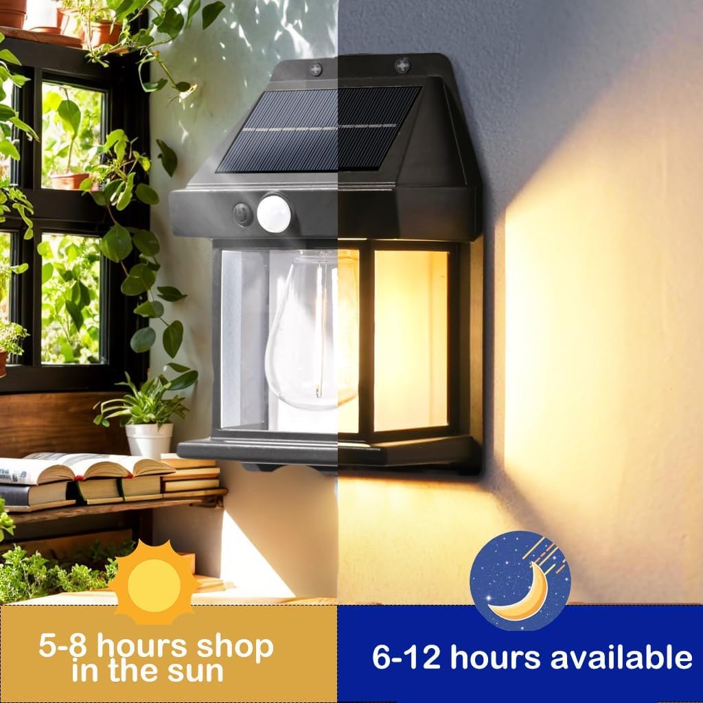 Solar wall light on a wall with indoor plants and books below, showing light output during day and night.