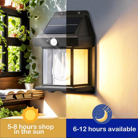 Solar wall light on a wall with indoor plants and books below, showing light output during day and night.