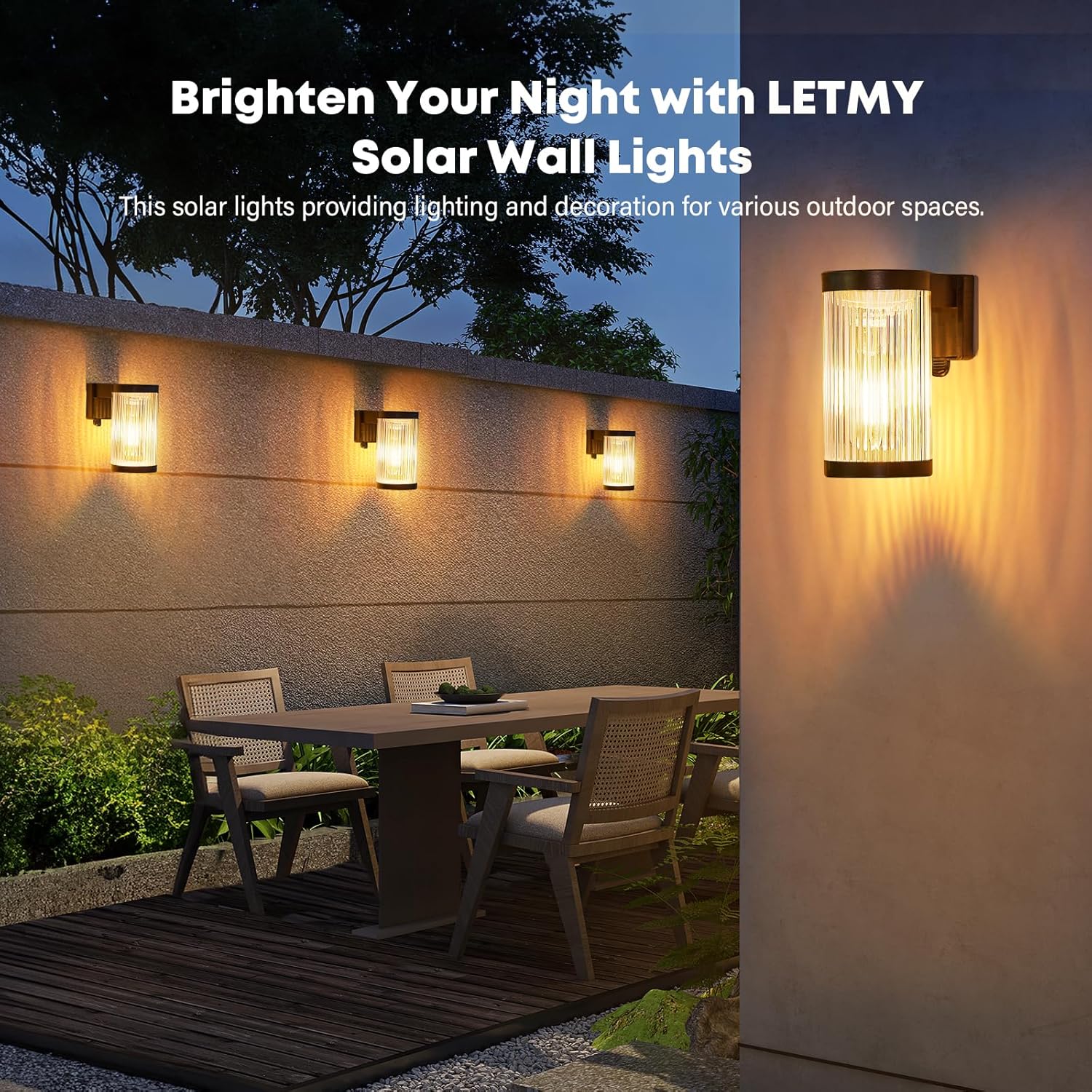 Solar wall lights on a wall with outdoor setting and dining table.
