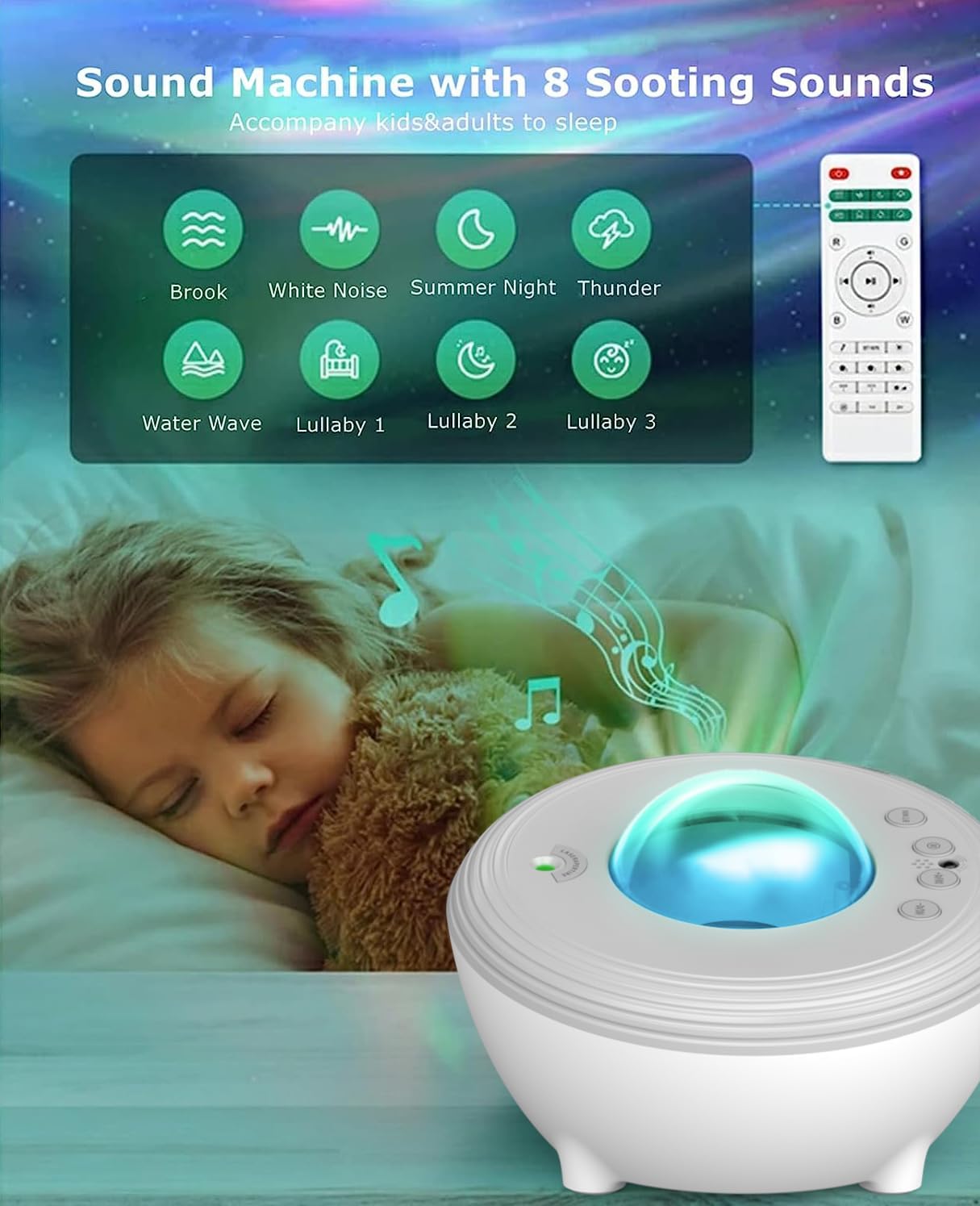 Sound machine with 8 soothing sounds for a child sleeping, featuring a remote control.