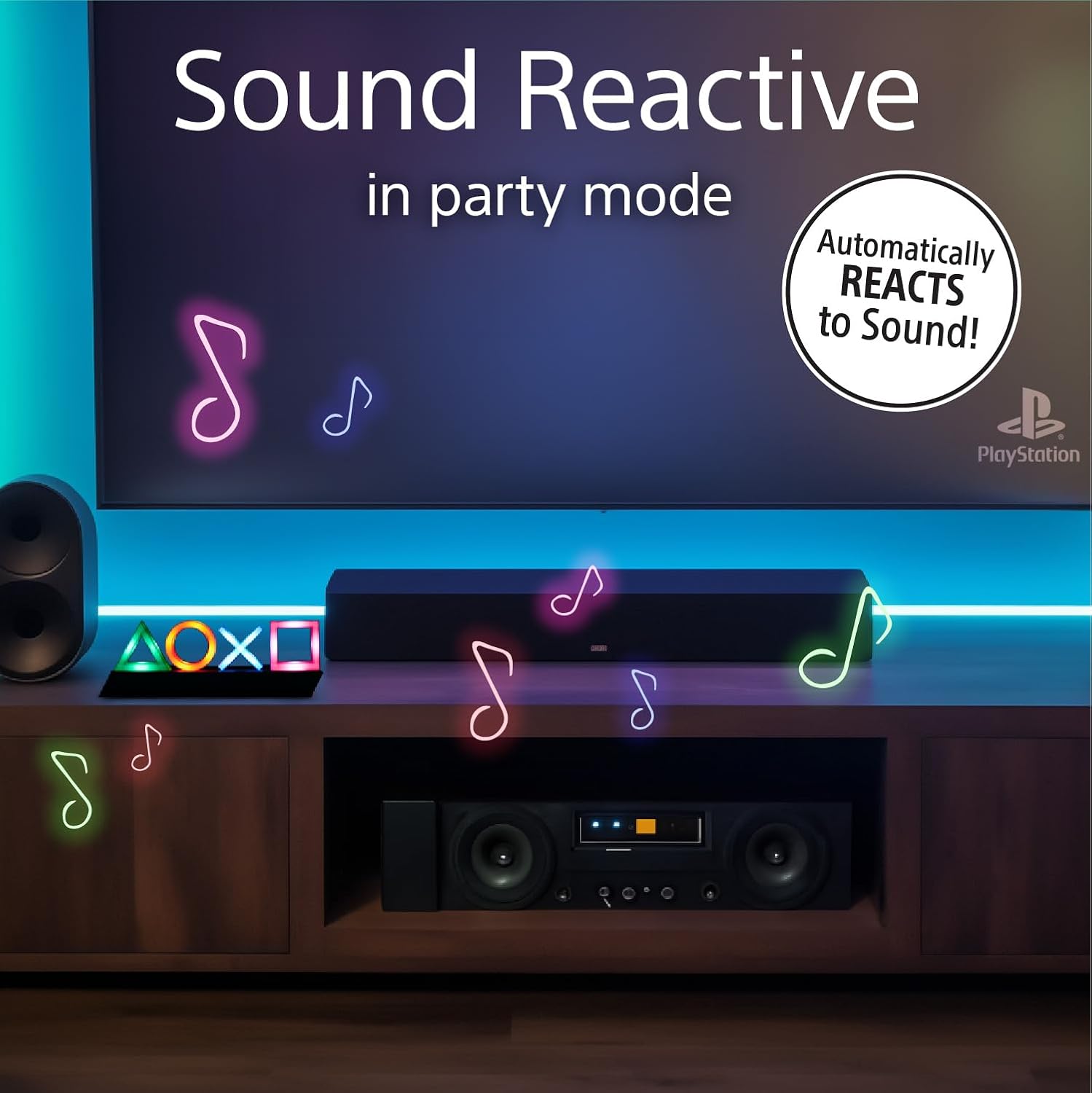 Sound reactive gaming console with neon lights and PlayStation branding.