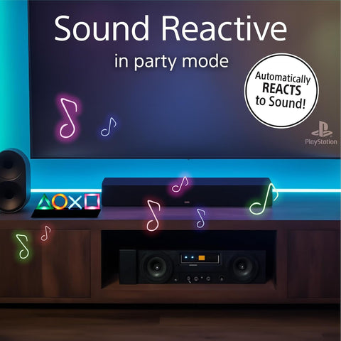 Sound reactive gaming console with neon lights and PlayStation branding.