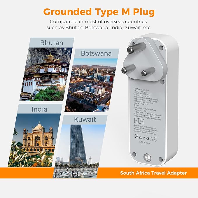 South Africa travel adapter with compatibility information for Bhutan, Botswana, India, and Kuwait on a white background.