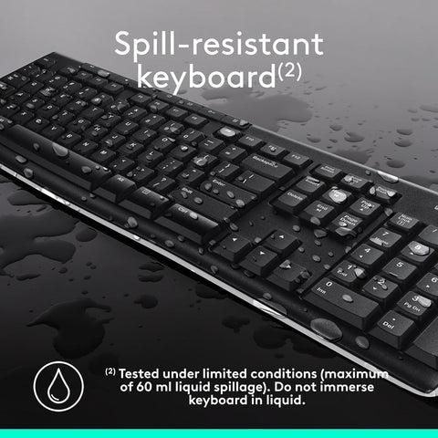 Spill-resistant keyboard with water droplets on a dark surface