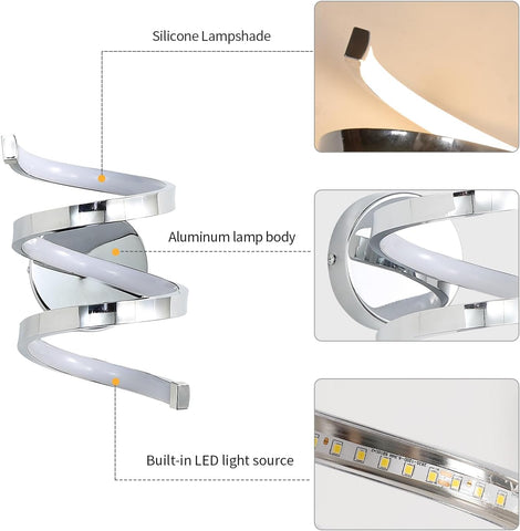 Spiral wall light fixture with labeled parts on a white background