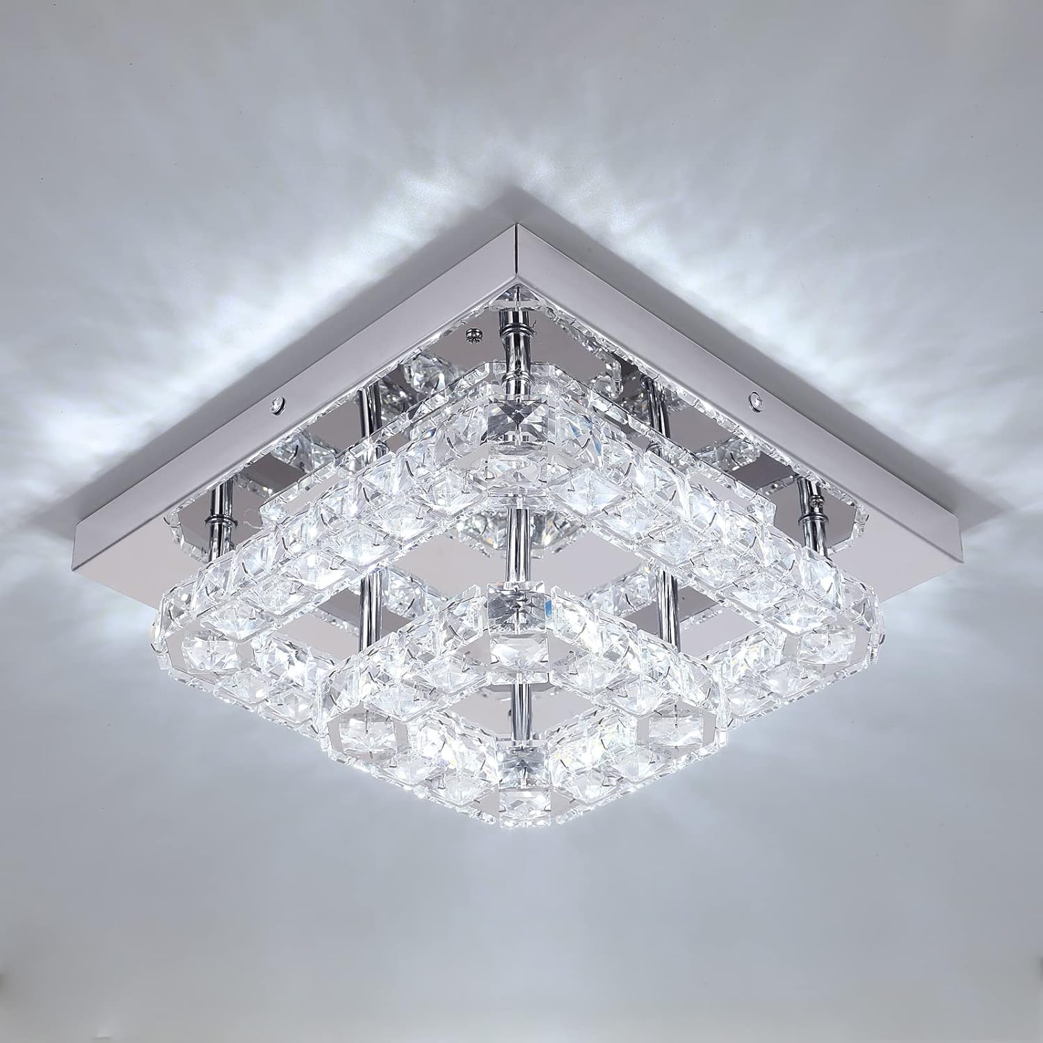 Square crystal ceiling light fixture on a white ceiling