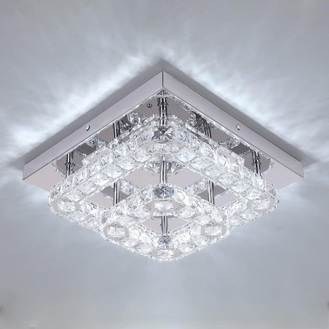 Square crystal ceiling light fixture on a white ceiling