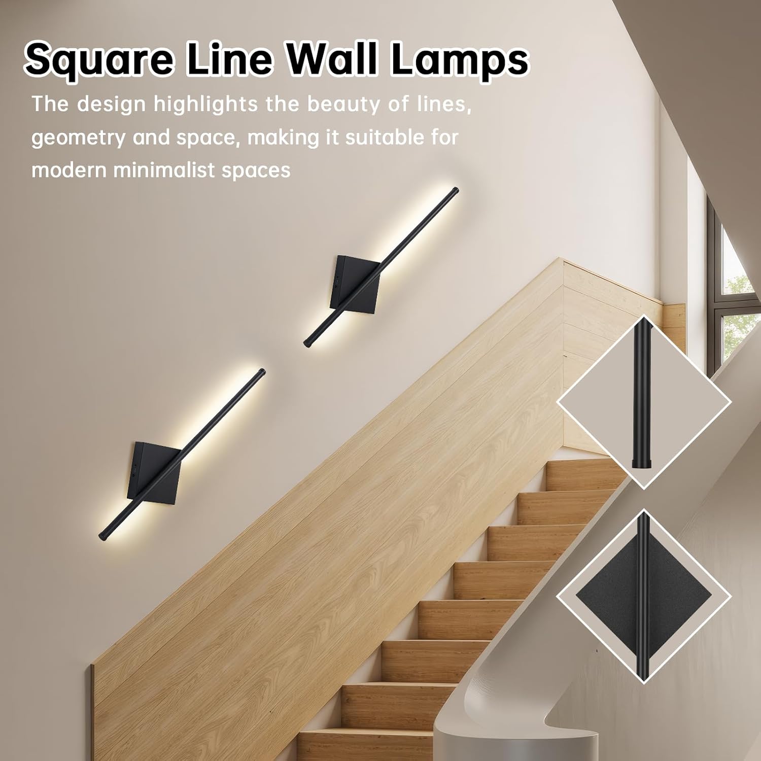 Square line wall lamps on a staircase with text highlighting their design.