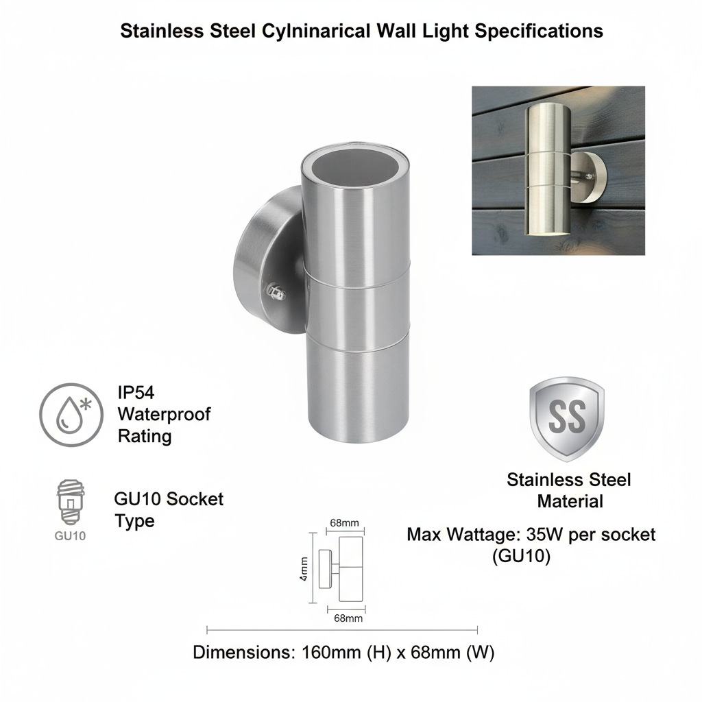Stainless Steel Cylindrical Wall Light with specifications on a white background