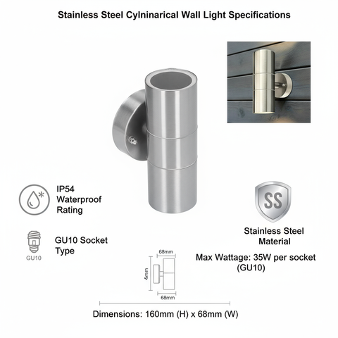 Stainless Steel Cylindrical Wall Light with specifications on a white background