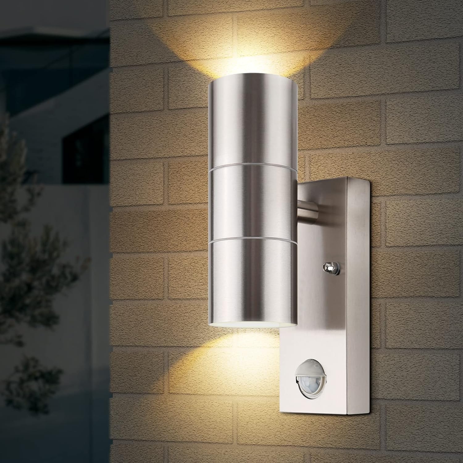 Stainless Steel Up Down Outdoor Wall Light PIR Sensor Mains Power IP44 - thelights4u.com