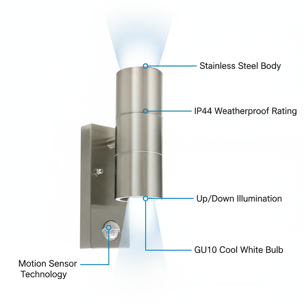 Stainless steel outdoor wall light fixture with labeled features on a white background