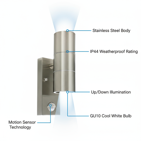 Stainless steel outdoor wall light fixture with labeled features on a white background