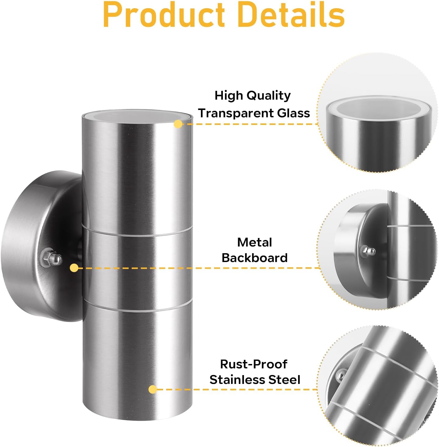 Stainless steel outdoor wall light with features highlighted on a white background