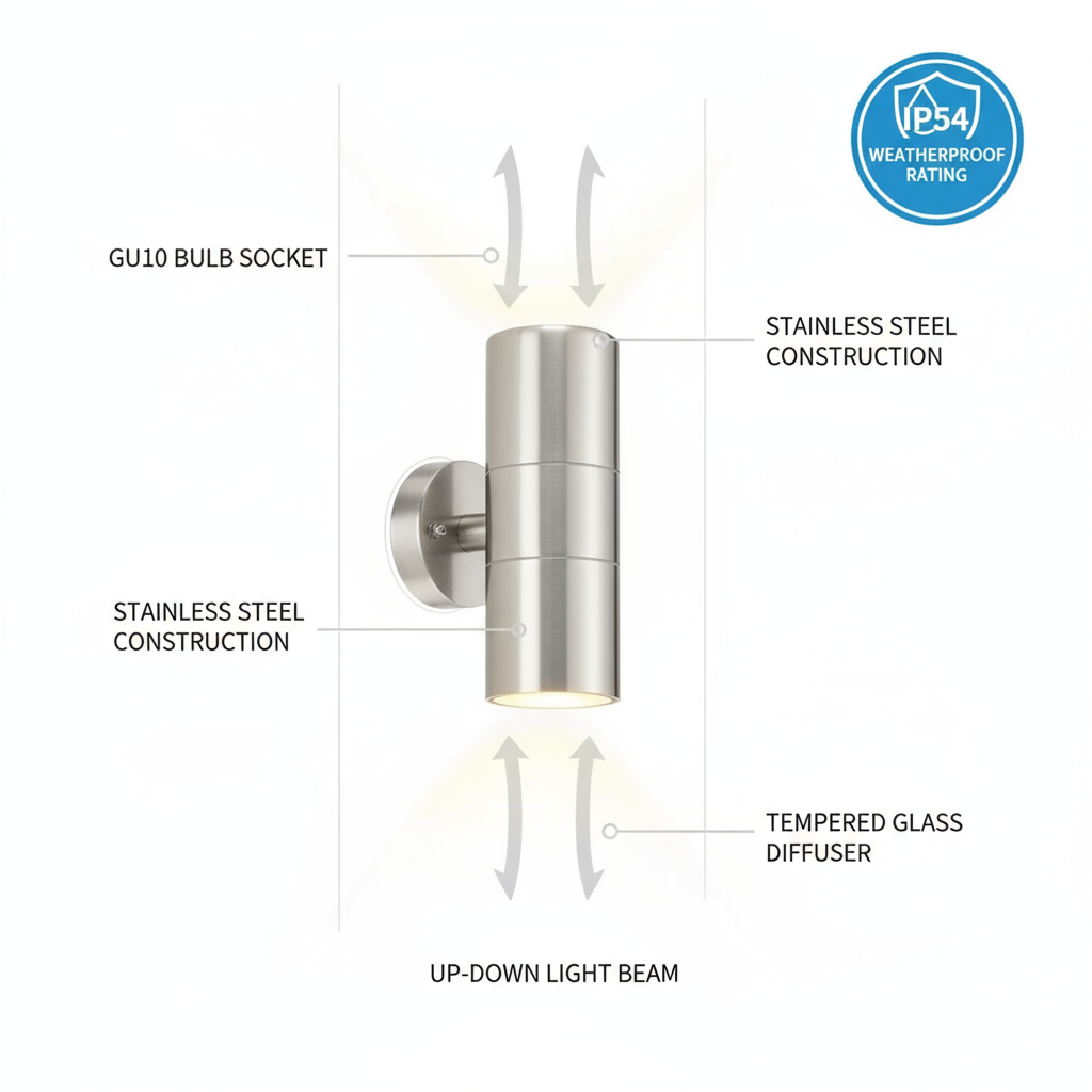 Stainless steel outdoor wall light with features highlighted on a white background