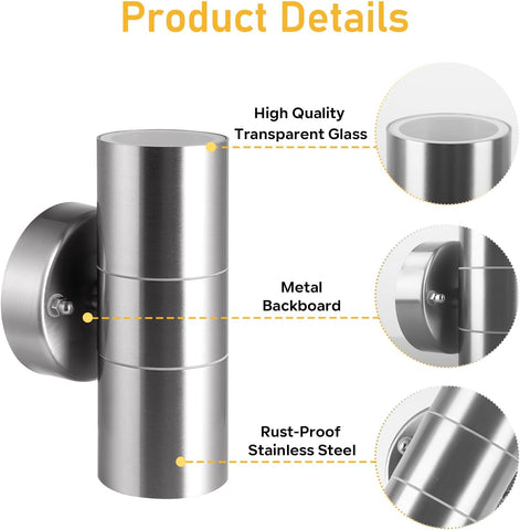 Stainless steel outdoor wall light with features highlighted on a white background