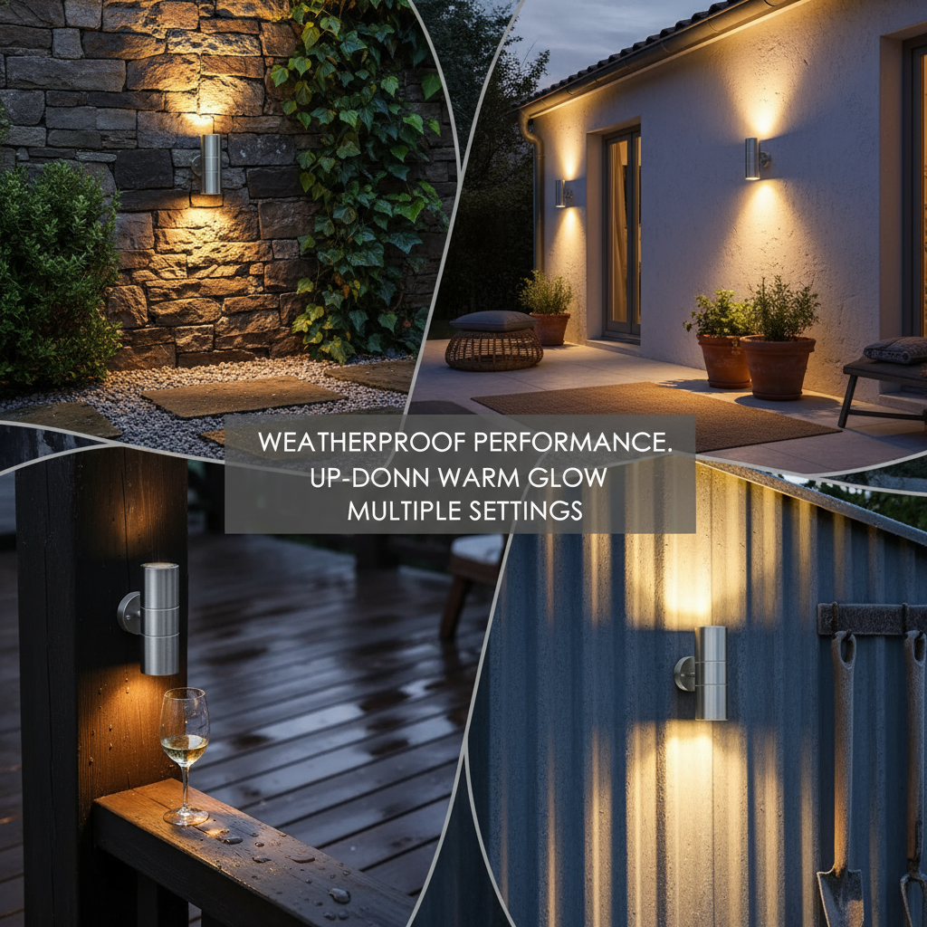 Stainless steel outdoor wall light with features highlighted on a white background