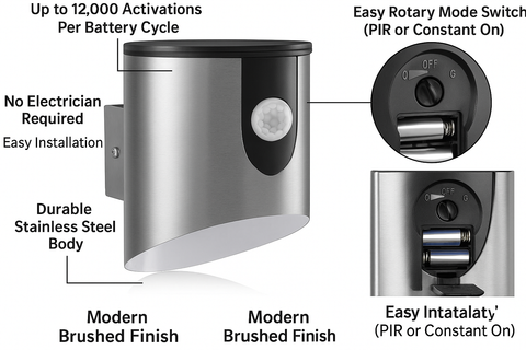 Stainless steel security light with features highlighted on a white background