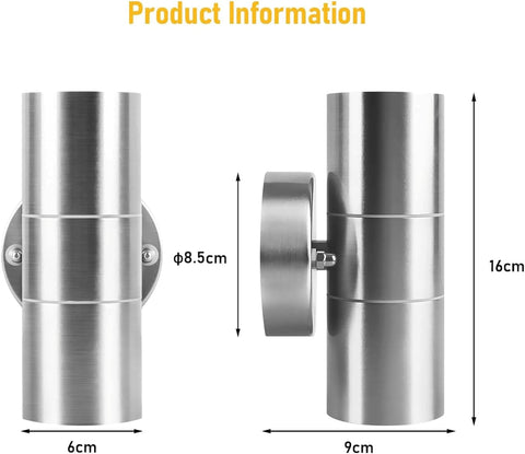 Stainless steel wall light fixture with dimensions on a white background