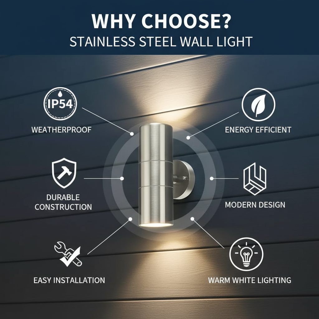 Stainless steel wall light with features highlighted on a dark background